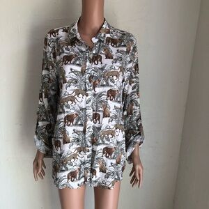 Jane + Delancey Jungle Animal Print Button-Up Shirt White/Brown Women’s Size XL